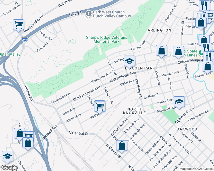 map of restaurants, bars, coffee shops, grocery stores, and more near 410 Chickamauga Avenue in Knoxville
