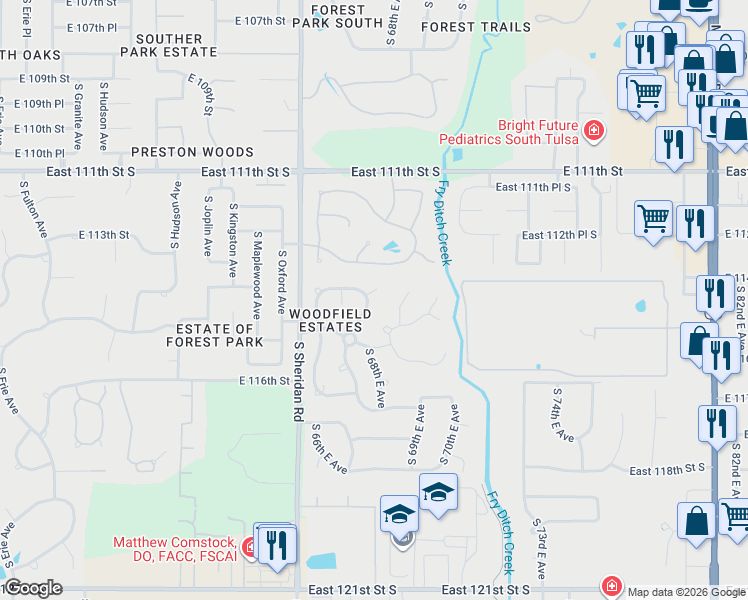 map of restaurants, bars, coffee shops, grocery stores, and more near 11401 South 67th East Avenue in Bixby