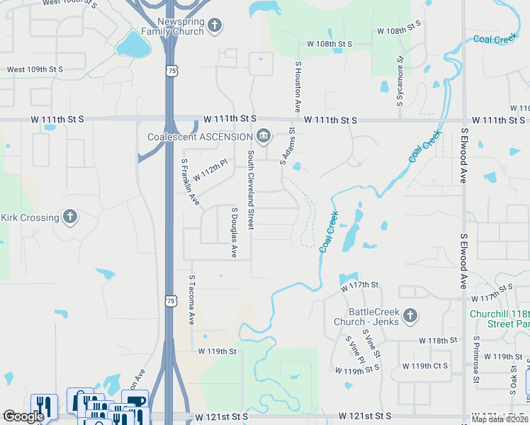 map of restaurants, bars, coffee shops, grocery stores, and more near 2638 West 114th Street South in Jenks