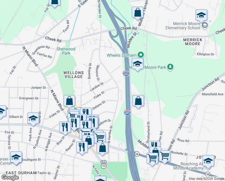 map of restaurants, bars, coffee shops, grocery stores, and more near 1154 Fiske Street in Durham