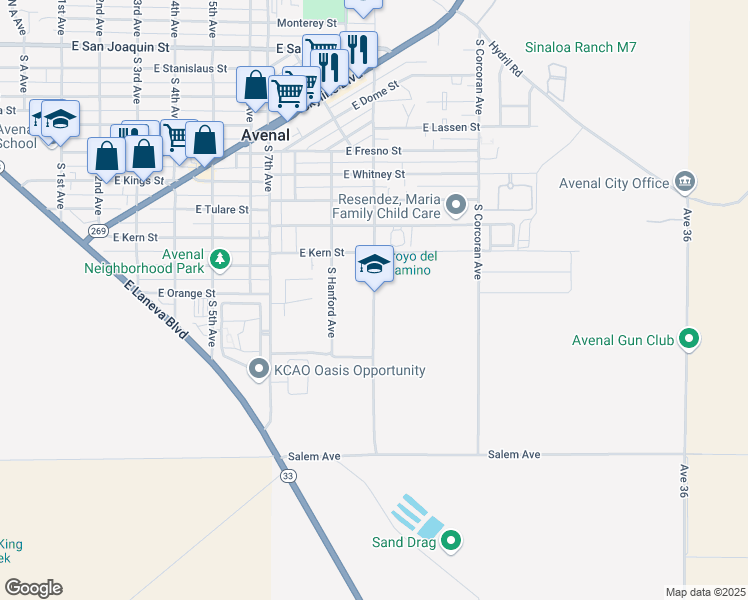 map of restaurants, bars, coffee shops, grocery stores, and more near 1000 Union Avenue in Avenal