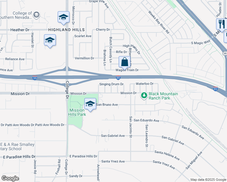 map of restaurants, bars, coffee shops, grocery stores, and more near 908 Little Raven Street in Henderson