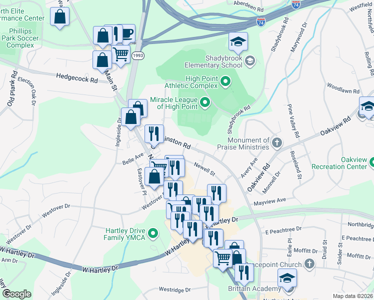 map of restaurants, bars, coffee shops, grocery stores, and more near 911 Old Winston Road in High Point