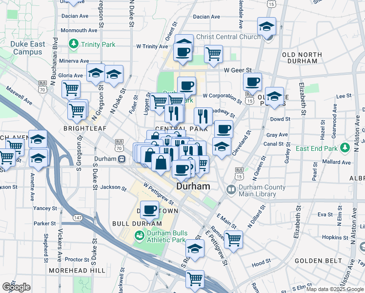 map of restaurants, bars, coffee shops, grocery stores, and more near 218 Foster Street in Durham
