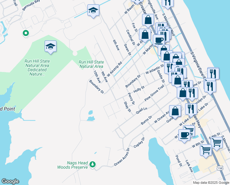 map of restaurants, bars, coffee shops, grocery stores, and more near 1205 9th Avenue in Kill Devil Hills