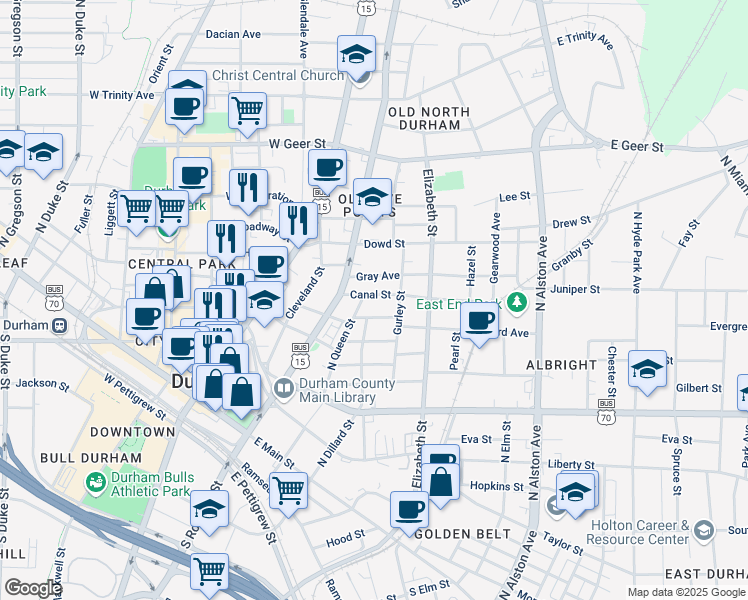 map of restaurants, bars, coffee shops, grocery stores, and more near 404 Canal Street in Durham