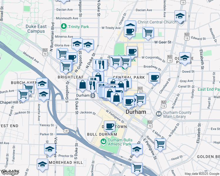 map of restaurants, bars, coffee shops, grocery stores, and more near 500 West Morgan Street in Durham