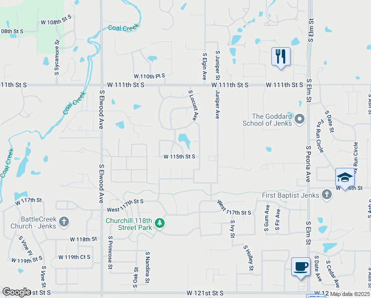 map of restaurants, bars, coffee shops, grocery stores, and more near 11415 Mulberry Circle in Jenks