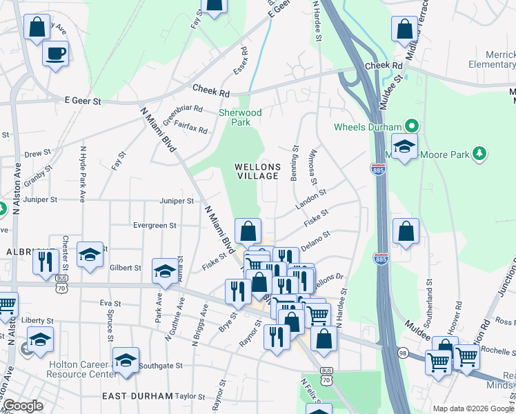 map of restaurants, bars, coffee shops, grocery stores, and more near 1109 Fidelity Drive in Durham