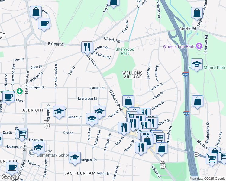 map of restaurants, bars, coffee shops, grocery stores, and more near 1606 Juniper Street in Durham
