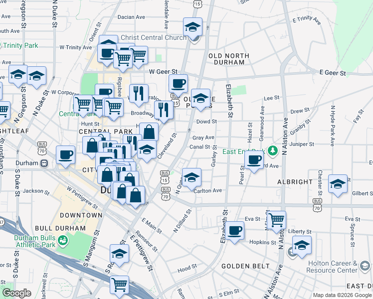 map of restaurants, bars, coffee shops, grocery stores, and more near in Durham