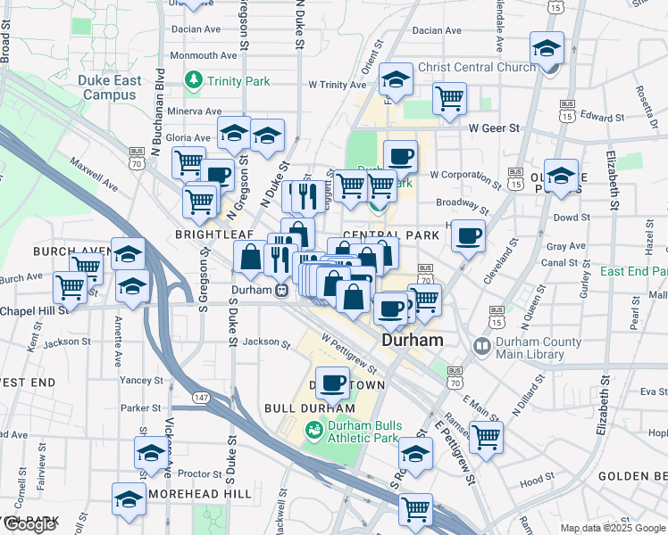 map of restaurants, bars, coffee shops, grocery stores, and more near 420 West Main Street in Durham