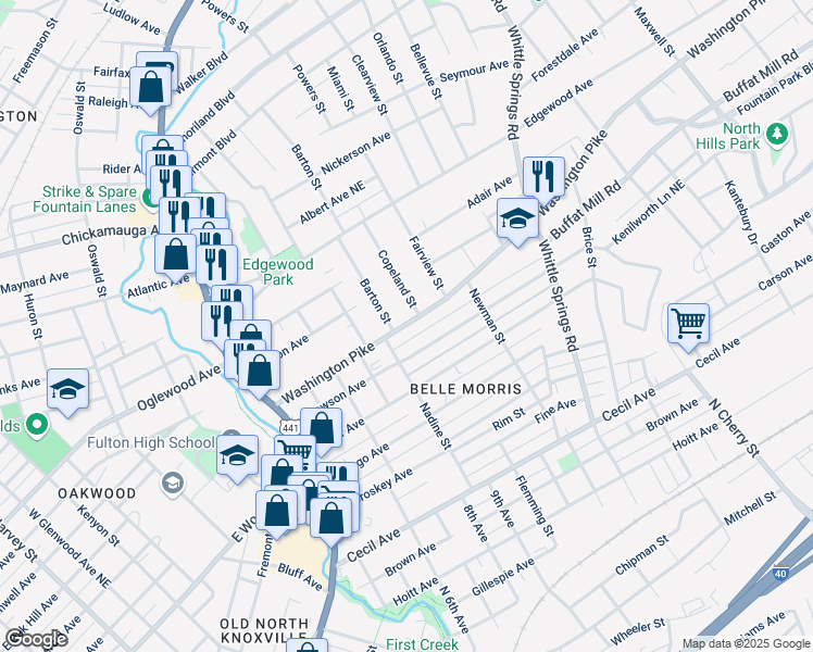 map of restaurants, bars, coffee shops, grocery stores, and more near 1901 Washington Pike in Knoxville