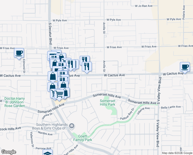 map of restaurants, bars, coffee shops, grocery stores, and more near 4458 Verdiccio Avenue in Las Vegas
