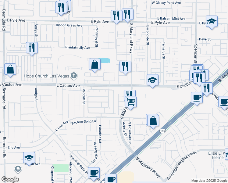 map of restaurants, bars, coffee shops, grocery stores, and more near 10540 Pueblo Springs Street in Las Vegas