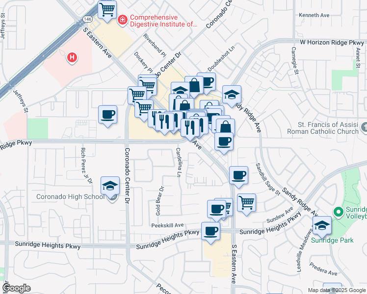 map of restaurants, bars, coffee shops, grocery stores, and more near 2705 West Horizon Ridge Parkway in Henderson