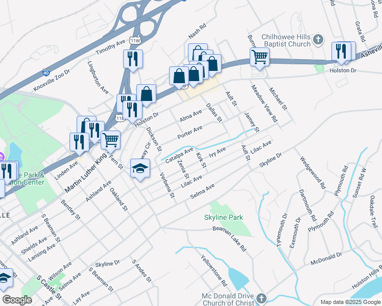 map of restaurants, bars, coffee shops, grocery stores, and more near 3926 Catalpa Avenue in Knoxville
