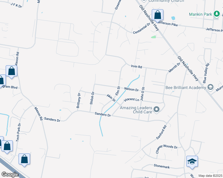 map of restaurants, bars, coffee shops, grocery stores, and more near 225 Nelson Drive in La Vergne