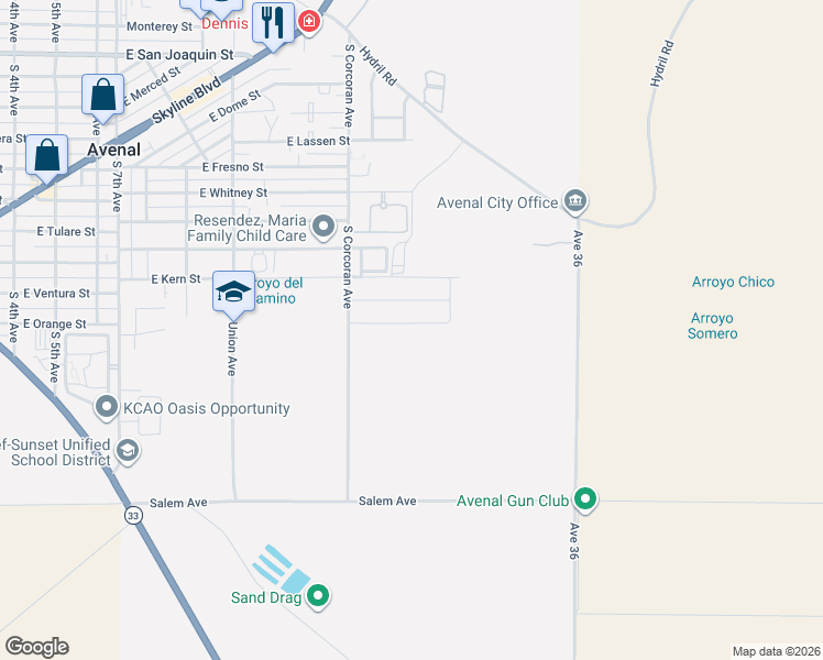 map of restaurants, bars, coffee shops, grocery stores, and more near 1208 East Orange Street in Avenal