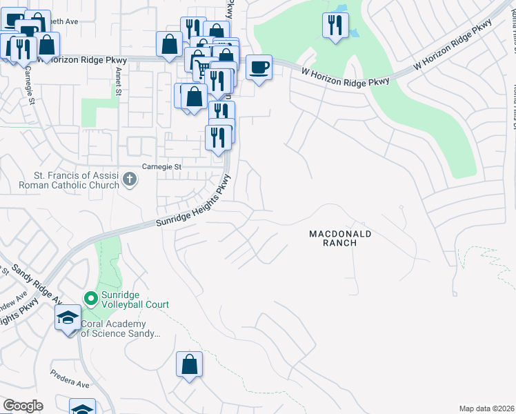 map of restaurants, bars, coffee shops, grocery stores, and more near 2154 Radiant Horizon Ave in Henderson