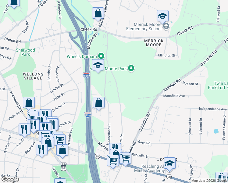 map of restaurants, bars, coffee shops, grocery stores, and more near 521 North Hoover Road in Durham