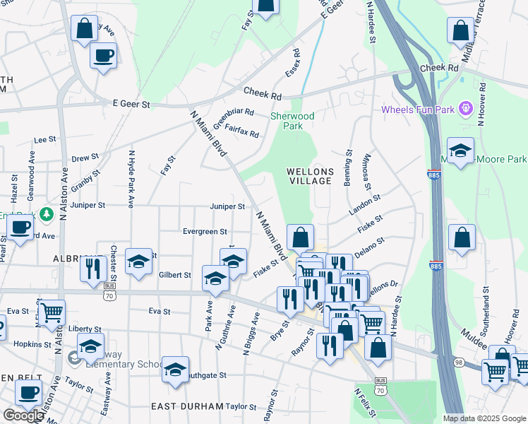 map of restaurants, bars, coffee shops, grocery stores, and more near 1606 Juniper Street in Durham