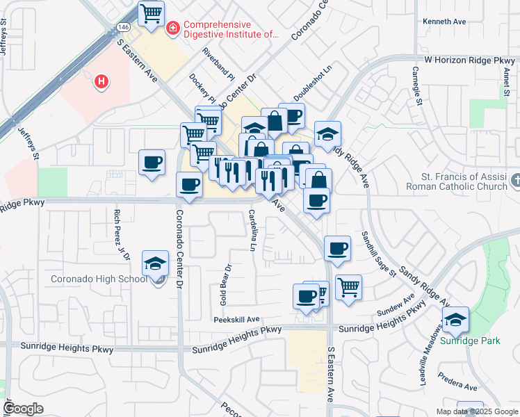 map of restaurants, bars, coffee shops, grocery stores, and more near 2705 West Horizon Ridge Parkway in Henderson