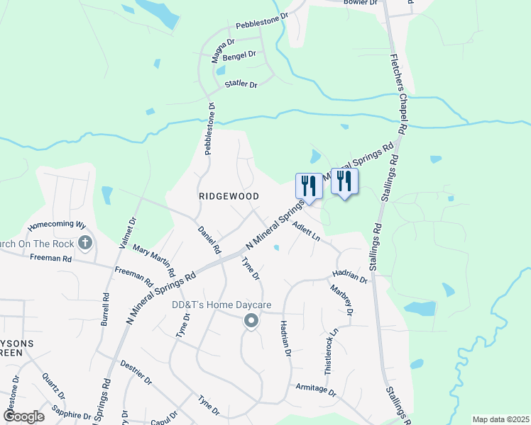 map of restaurants, bars, coffee shops, grocery stores, and more near 7 Tarrywood Court in Durham