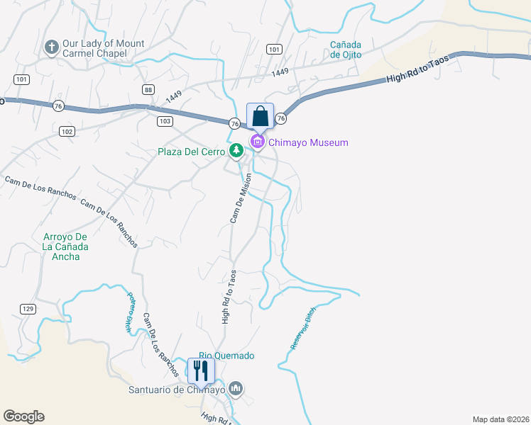 map of restaurants, bars, coffee shops, grocery stores, and more near 328 Juan Medina Road in Chimayo