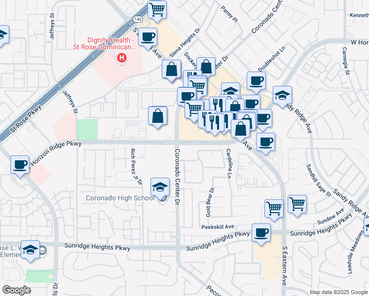 map of restaurants, bars, coffee shops, grocery stores, and more near 2779 West Horizon Ridge Parkway in Henderson