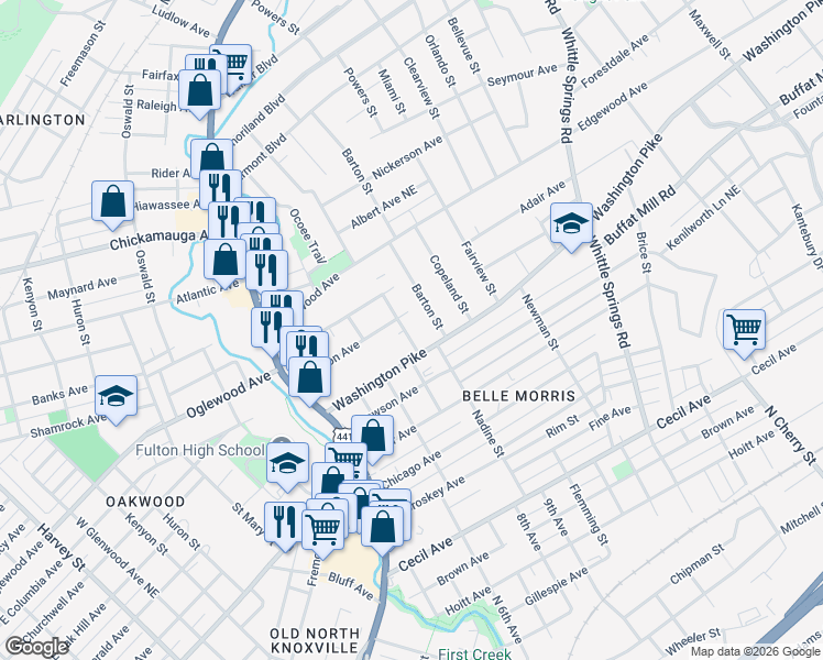 map of restaurants, bars, coffee shops, grocery stores, and more near 2620 Glenview Drive Northeast in Knoxville