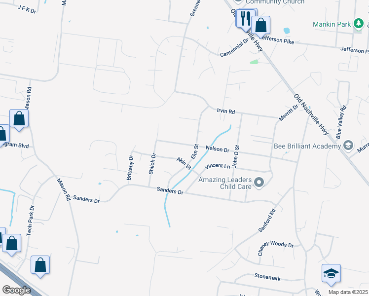 map of restaurants, bars, coffee shops, grocery stores, and more near 225 Nelson Drive in La Vergne