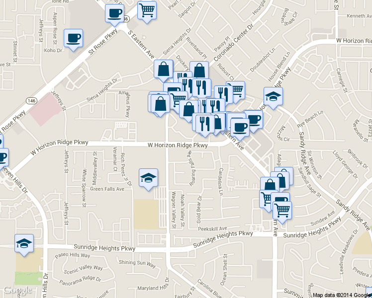 map of restaurants, bars, coffee shops, grocery stores, and more near 801 Roaring Falls Avenue in Henderson