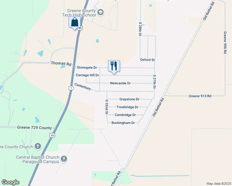 map of restaurants, bars, coffee shops, grocery stores, and more near 3004 Canterbury in Paragould