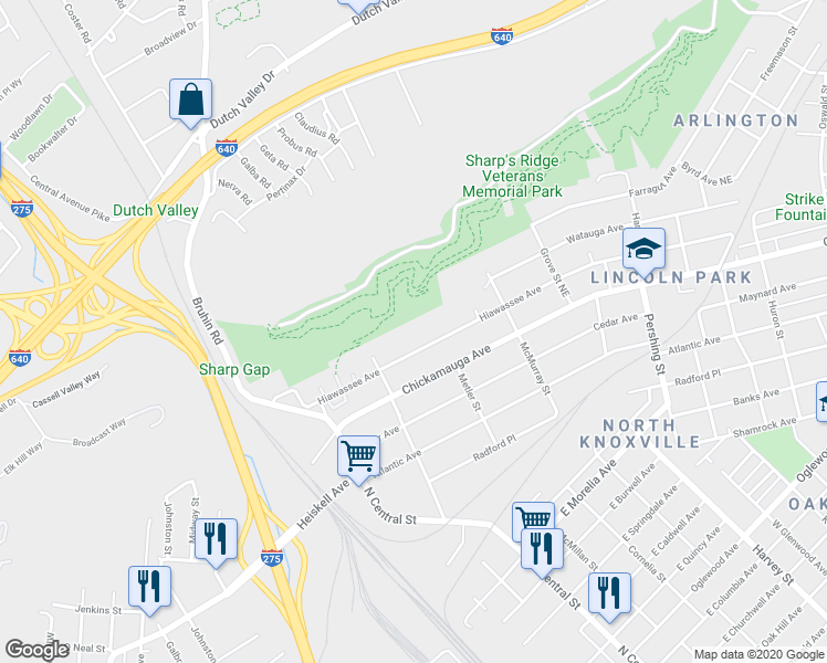 map of restaurants, bars, coffee shops, grocery stores, and more near 305 Hiawassee Avenue in Knoxville