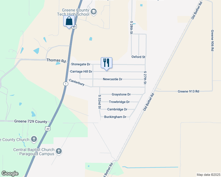 map of restaurants, bars, coffee shops, grocery stores, and more near 3004 Canterbury in Paragould