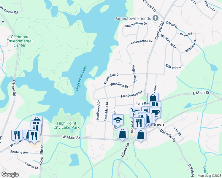map of restaurants, bars, coffee shops, grocery stores, and more near 117 Woodland Drive in Jamestown
