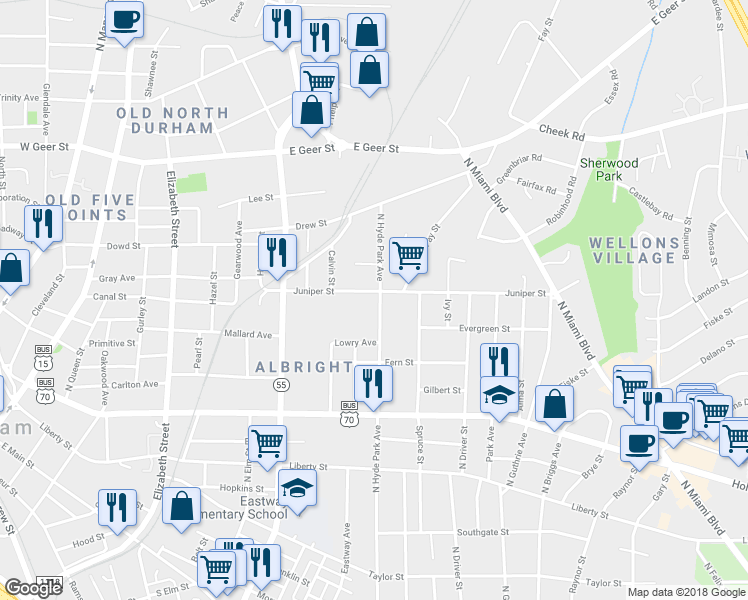 map of restaurants, bars, coffee shops, grocery stores, and more near 1215 North Hyde Park Avenue in Durham