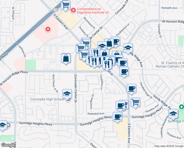 map of restaurants, bars, coffee shops, grocery stores, and more near 2732 Bass Lake Street in Henderson