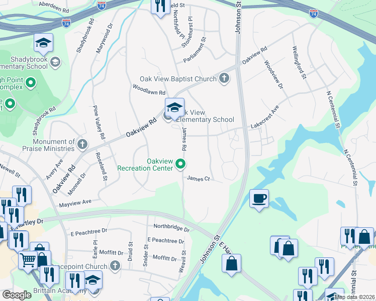 map of restaurants, bars, coffee shops, grocery stores, and more near 522 James Road in High Point
