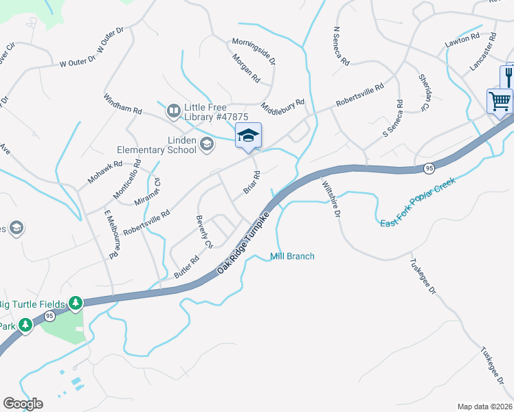 map of restaurants, bars, coffee shops, grocery stores, and more near 100 Bermuda Road in Oak Ridge