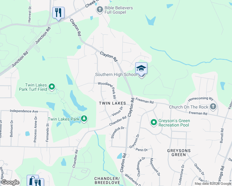 map of restaurants, bars, coffee shops, grocery stores, and more near 3319 Woodland Park Road in Durham