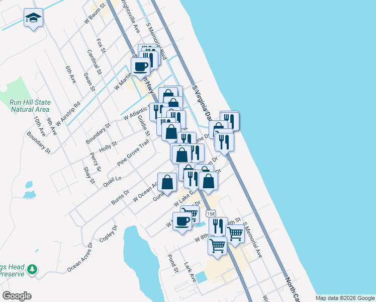 map of restaurants, bars, coffee shops, grocery stores, and more near 1601 South Croatan Highway in Kill Devil Hills