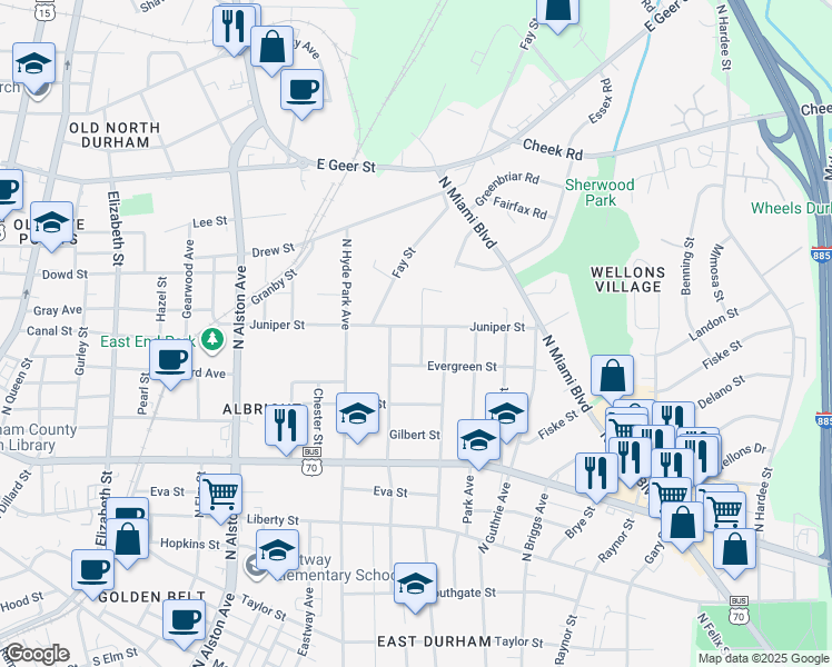 map of restaurants, bars, coffee shops, grocery stores, and more near 1215 Ivy Street in Durham