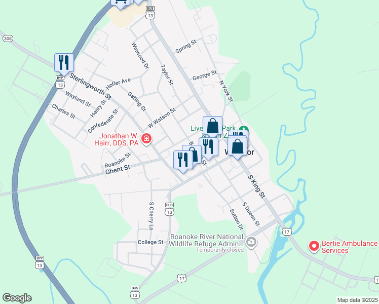 map of restaurants, bars, coffee shops, grocery stores, and more near 203 West Camden Street in Windsor
