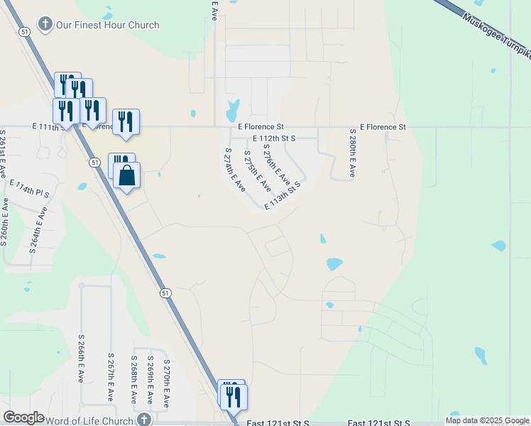 map of restaurants, bars, coffee shops, grocery stores, and more near 27412 East 113th Street South in Coweta