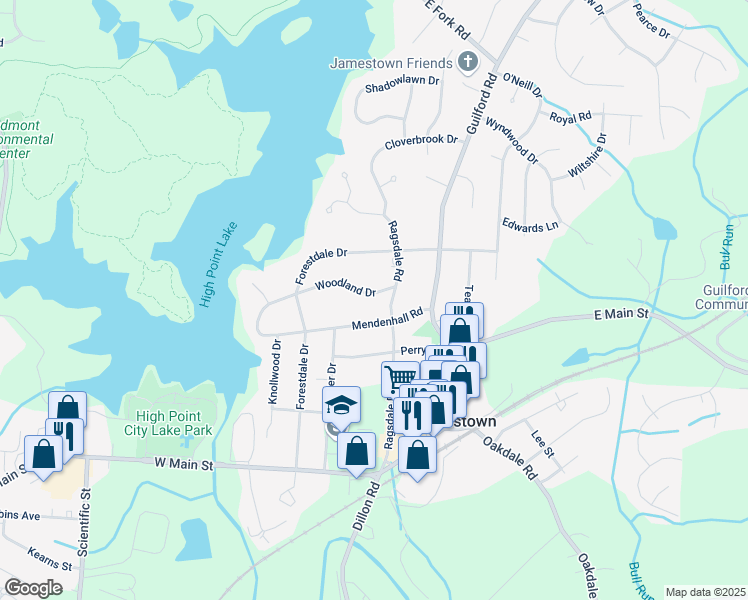 map of restaurants, bars, coffee shops, grocery stores, and more near 105 Woodland Drive in Jamestown