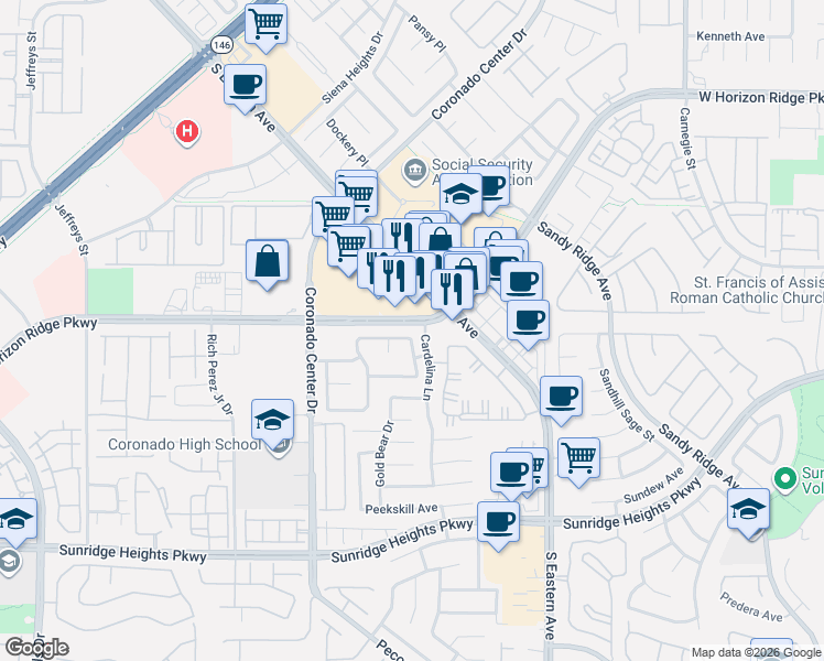 map of restaurants, bars, coffee shops, grocery stores, and more near 2728 Bass Lake Street in Henderson