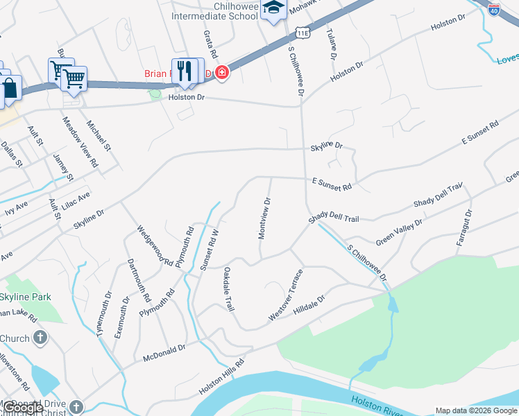 map of restaurants, bars, coffee shops, grocery stores, and more near 1115 Montview Drive in Knoxville