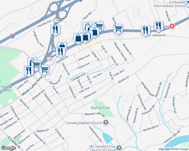 map of restaurants, bars, coffee shops, grocery stores, and more near 4019 Ivy Avenue in Knoxville